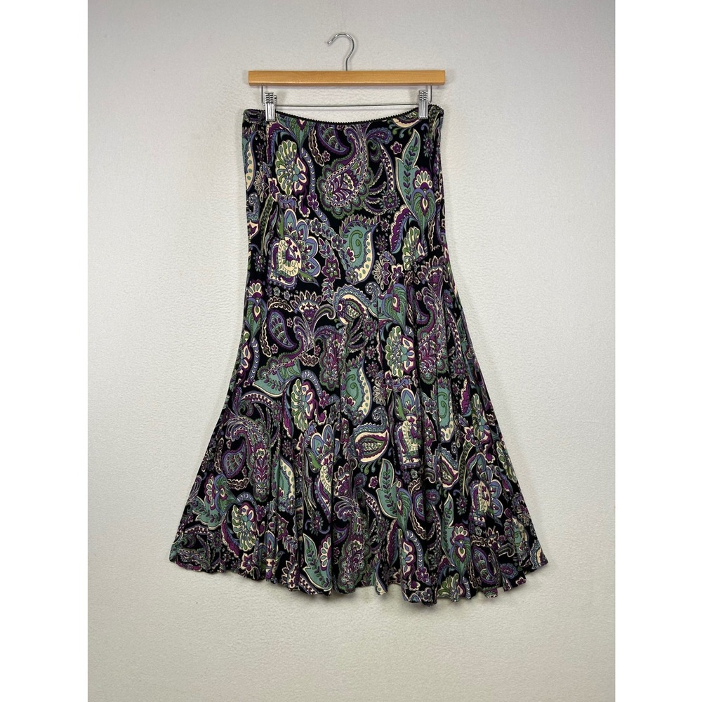 Boho Paisley Lola P. Women Small Black‎ Purple Teal Midi A-Line Ruffle Hem Skirt